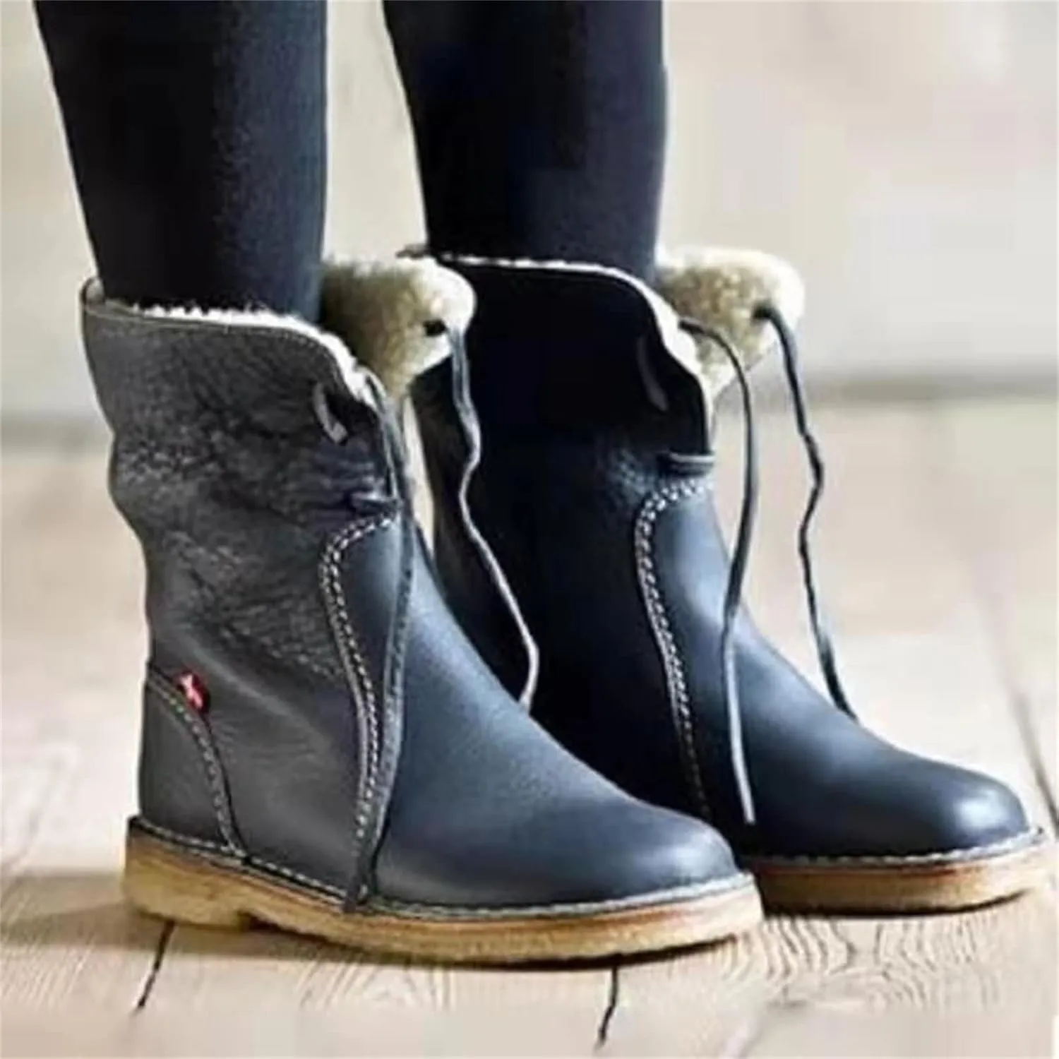 Lausiuoe Snow Boots For Women Wide Width Mid Calf Classic Fuzzy Fur Lining Fashion Winter Boots Slip On Warm Ankle Booties