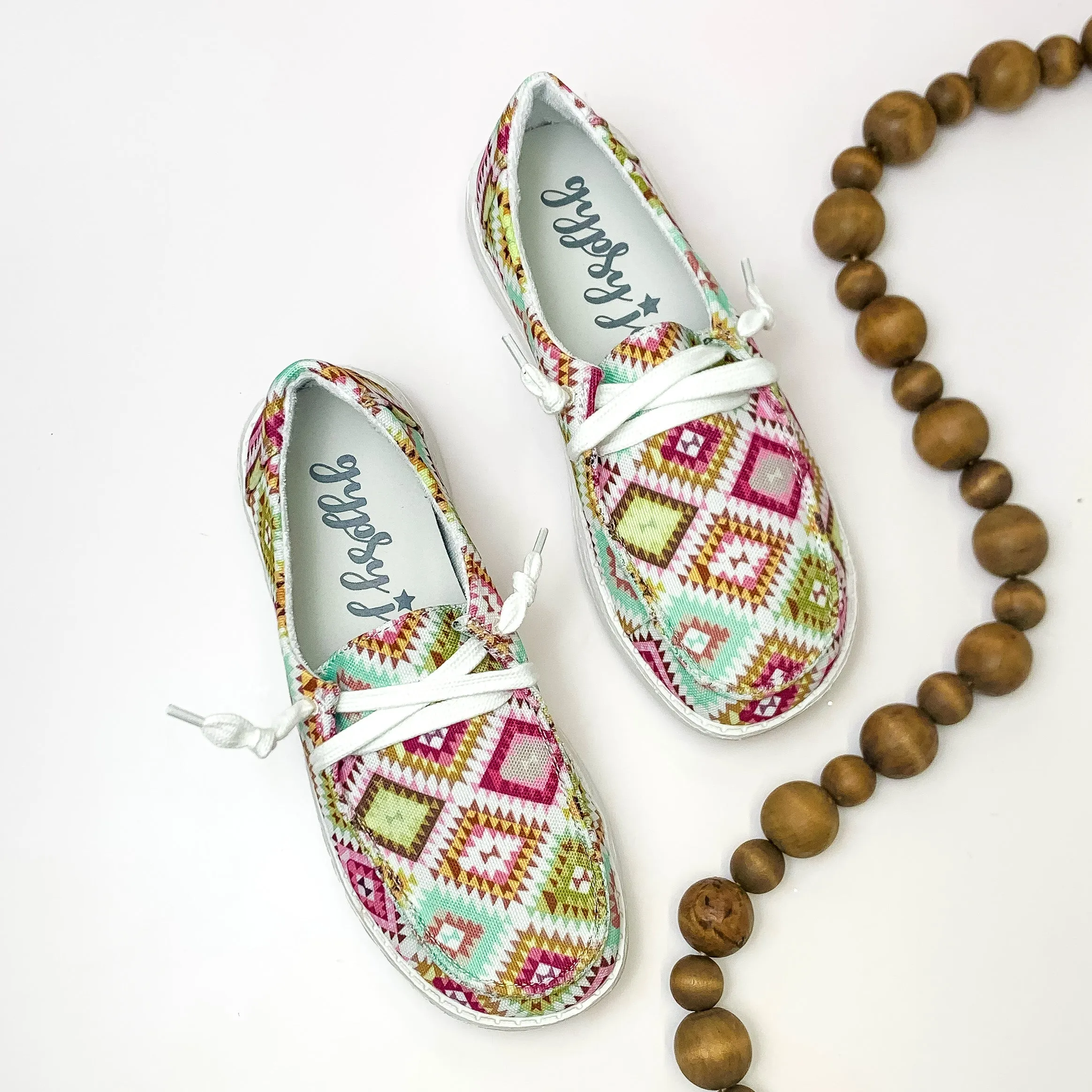 Very G | Have To Run Slip On Loafer with Laces in Green and Pink Multi Aztec Print